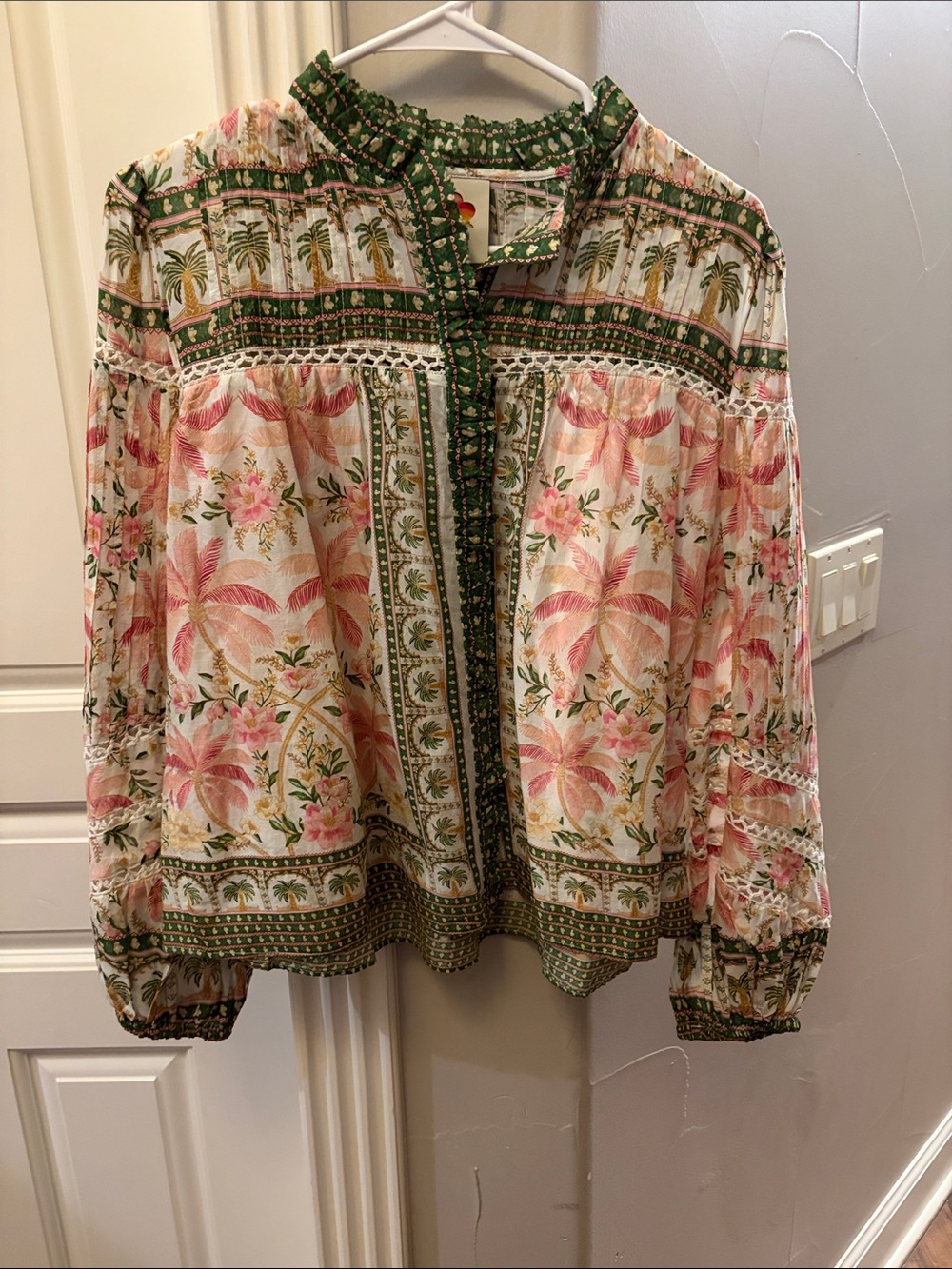 FARM Rio Pink Floral & Green Trim Boho Blouse
